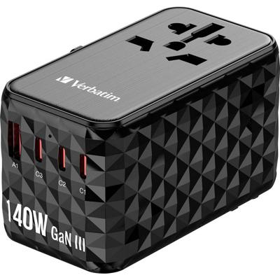 Verbatim UTA-10 GaN III Reislader 140 W 1x USB-A, 3x USB-C USB PD, USB PD 3.1, QC 3.0, QC 4+, PPS, Fast Charge, SuperCharge, Adaptive Fast Charge Zwart, Grijs