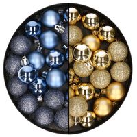 40x stuks kleine kunststof kerstballen donkerblauw en goud 3 cm