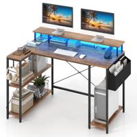 L-vormig Bureau met Stopcontacten & LED-verlichting Gaming Computertafel Rustiek Bruin