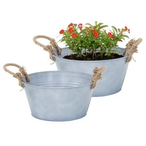 Plantenpot/bloempot teil Old Rope - 2x - rond - zink - zilver - D30 X H14 cm