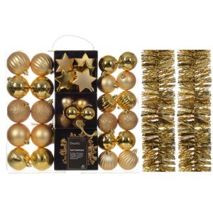 Kerstversiering set - goud - kerstballen, ornamenten en folie slingers - kunststof