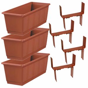 Set van 4 kunststof plantenbakken terracotta rechthoekig 40 cm met 8 verstelbare balkon/muurbeugels