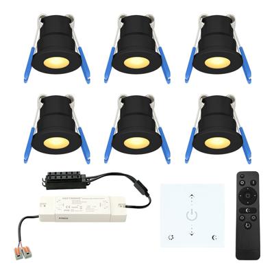 Set van 6 Milano LED Mini Inbouwspots met trafo en muurdimmer - 12 Volt 3 Watt 200 lumen - Dimbaar - Plat 34mm - 2700K - IP65 waterdicht - Zwart