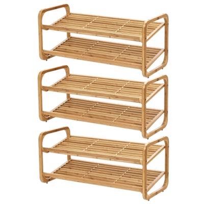 Zeller schoenenrek - 3x - bamboe hout - 2-laags - 74 x 33 x 33 cm - stapelbaar - schoenen standaard