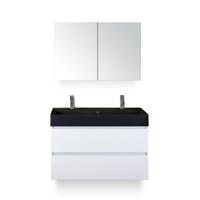 Maxx XL Badmeubelset 100 cm - Wit Hoogglans - Wastafel Kube Zwart 2 kraangaten - met Spiegelkast