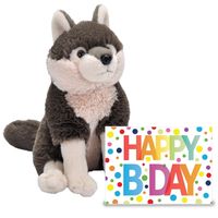 Verjaardag cadeau wolf 25 cm met XL Happy Birthday wenskaart