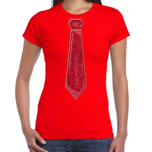 Verkleed t-shirt voor dames - stropdas glitter rood - rood - carnaval - foute party