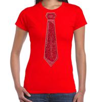 Verkleed t-shirt voor dames - stropdas glitter rood - rood - carnaval - foute party - thumbnail