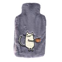 Cosy & Trendy Kruik - lichhtgrijs - bruine kat print - 2 liter - pluche hoes - warmwaterkruik