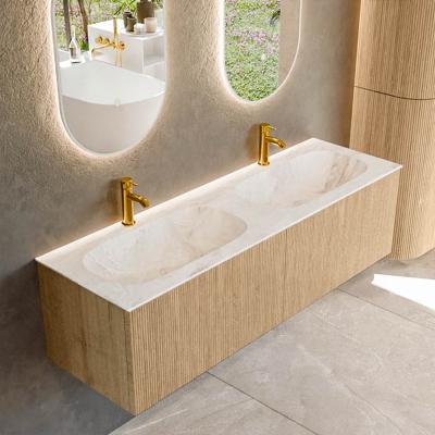 Mondiaz KURVE-DLUX 150 cm Onderkast Greeploos 2 Lades Zonder Deuren Oak, Wastafel Solid Surface Dubbel Frappe 2 Kraangaten Zonder Spiegel (KRVSTS1502L0D2KD-Oak/Fra)