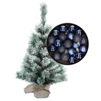 Besneeuwde mini kerstboom/kunst kerstboom 35 cm met kerstballen donkerblauw - Kunstkerstboom - thumbnail