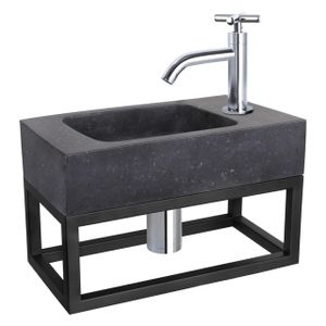 Differnz Bombai fonteinset - 40x22x9cm - Rechthoek - 1 kraangat - Gebogen chromen kraan - met zwart frame - kruisgreep - Natuursteen Zwart 38.401.50