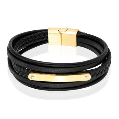 Mendes Lederen Armband voor Mannen - Goud, Met Graveerplaat en RVS Sluiting-23cm
