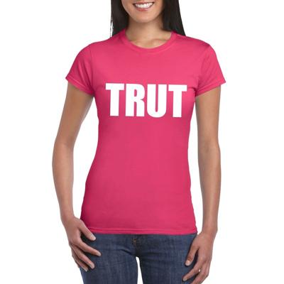Foute Party feestkleding t-shirt - met tekst TRUT - roze - voor dames - korte mouwen