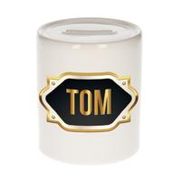 Spaarpot met voornaam Tom - wit - goud/zwart embleem - 8 x 9 cm - keramiek - afsluitdop