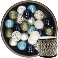 37x stuks kunststof kerstballen 6 cm wit/groen/zilver/blauw incl. kralenslinger - thumbnail