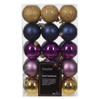 Kerstballen - 30x - kunststof - goud/donkerblauw/paars - 6 cm - thumbnail