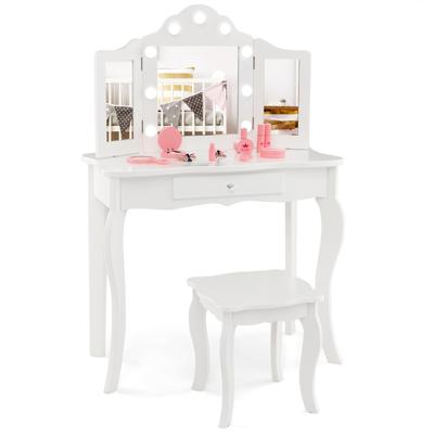 Kaptafel en Krukje voor Kinderen met Afneembare Driewegspiegel & LED-Lampjes Make-Uptafel voor Prinsessen met Lade Wit