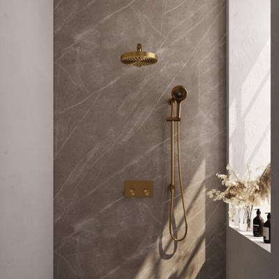 BRAUER Stripe Thermostatische Inbouw Regendouche - drukknoppen - 25cm douchekop - rechte muurarm - 3-standen handdouche - doucheslang - geïntegreerde glijstang - goud geborsteld PVD 5-GG-431