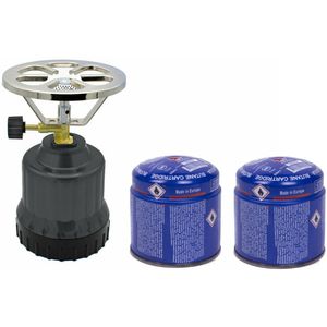 Camping kookstel kunststof donkergrijs incl. 2x gas navulling priktank 190 gram - Kookbranders