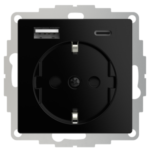 USB en USBC lader 15W 3A glanzend zwart RAL9005 voor een 40mm diepe doos met stopcontact