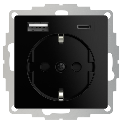 USB en USBC lader 15W 3A glanzend zwart RAL9005 voor een 40mm diepe doos met stopcontact