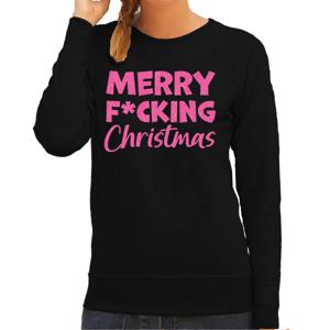 Foute kersttrui/sweater voor dames - Merry F*cking Christmas - zwart - glitter roze