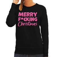 Foute kersttrui/sweater voor dames - Merry F*cking Christmas - zwart - glitter roze - thumbnail