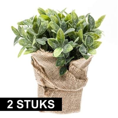 Kunstplant - 2x - Munt Kruiden - Groen - In Jute Pot - 19 cm
