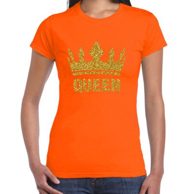 Koningsdag T-shirt voor dames - Queen - glitter goud - oranje - feestkleding