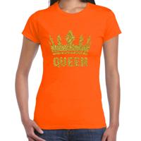 Koningsdag T-shirt voor dames - Queen - glitter goud - oranje - feestkleding