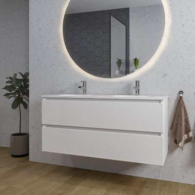 Adema Chaci Badkamermeubelset - 120x46x57cm - 2 ovale keramische wasbakken wit - 2 kraangaten - 2 lades - ronde spiegel met verlichting - mat wit SW1212780/SW718719/SW161923