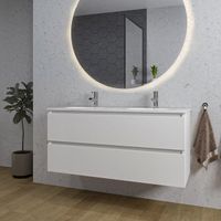 Adema Chaci Badkamermeubelset - 120x46x57cm - 2 ovale keramische wasbakken wit - 2 kraangaten - 2 lades - ronde spiegel met verlichting - mat wit SW1212780/SW718719/SW161923