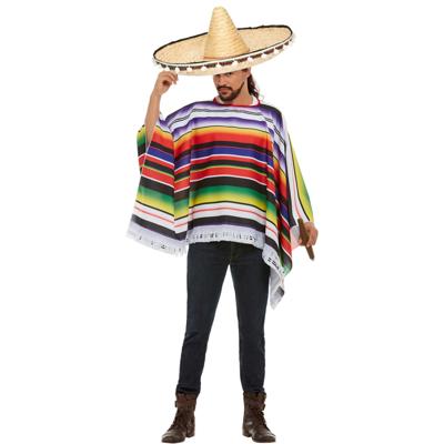 Carnaval verkleed set Mexicaan - gekleurde one size poncho - Sombrero hoed naturel dia 60 cm