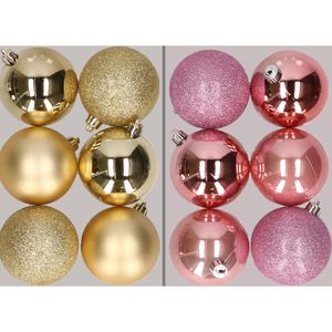 12x stuks kunststof kerstballen mix van goud en roze 8 cm   -