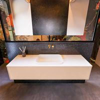 Badkamermeubelset Mondiaz Erin 150 cm met 1 Lade met RIDGE Wastafel Midden Talc Zonder Kraangaten Greeploos Mat Rosee