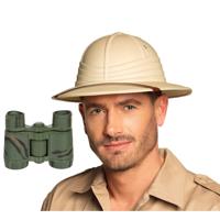 Carnaval verkleed Tropenhelm - beige - Ontdekkingsreiziger - met verrekijker - volwassenen