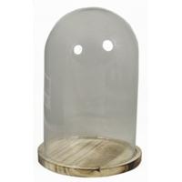 Floran Glazen woondecoratie stolp - op plateau - 22 x 30 cm - glas/hout