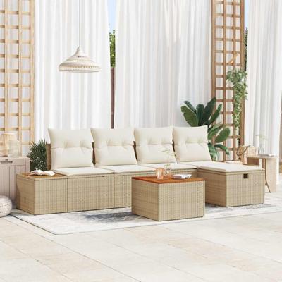 6-delige tuinset met kussens, beige poly rattan