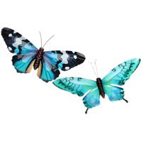 Wanddecoratie vlinders - 2x stuks - aqua en blauw - 49 x 34 cm - metaal - muurdecoratie tuin