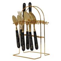 Home Deco Factory Bestekset - 24 delig - goud/zwart - metaal - kunststof - marmer look - 6 personen