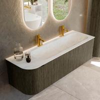 Badmeubel Mondiaz Kurve-Dlux | 145 cm cm | Meubelkleur Shadow | Wastafelkleur Opalo | Solid surface | Wasbak rechter zijde spoelbak | 2 kraangaten