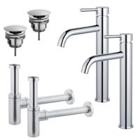 Fortifura Calvi Wastafelkraanset - voor dubbele wastafel - verhoogde wastafelkraan - always open plug - design sifon - Chroom 2x SW377811/2x SW696209/2x SW696214