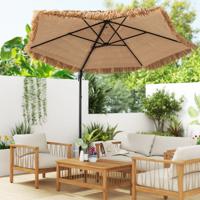 283 cm Cantilever Hula Tiki Rieten Patio Parasol in Hawaiiaanse stijl met Geventileerde top Zonbeschermingsdak Natuur