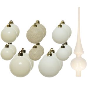 Set van 26x stuks kunststof kerstballen en glazen piek wol wit