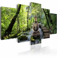 Schilderij - Boeddha - In het bos, Groen, 5luik , premium print op canvas