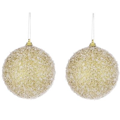 10x Gouden kunststof kerstballen met witte sneeuw afwerking 8 cm
