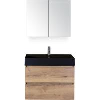 Maxx XL Badmeubelset 80 cm - Natuur Eiken - Wastafel Kube Zwart 1 Kraangat met Spiegelkast