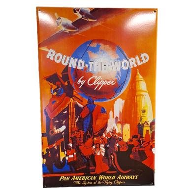 Round The World by Clipper Pan-Am Vintage Reclame Emaille Bord - 65 x 42cm