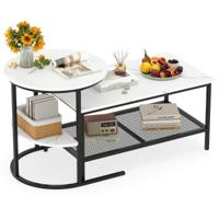 Set van 2 Uitschuifbare Salontafels Uitschuifbare Designtafel van Marmer Verguld Metalen Frame Rechthoekige Salontafel Ronde Bijzettafel voor Bank Woonkamer Slaapkamer-Zwart en wit